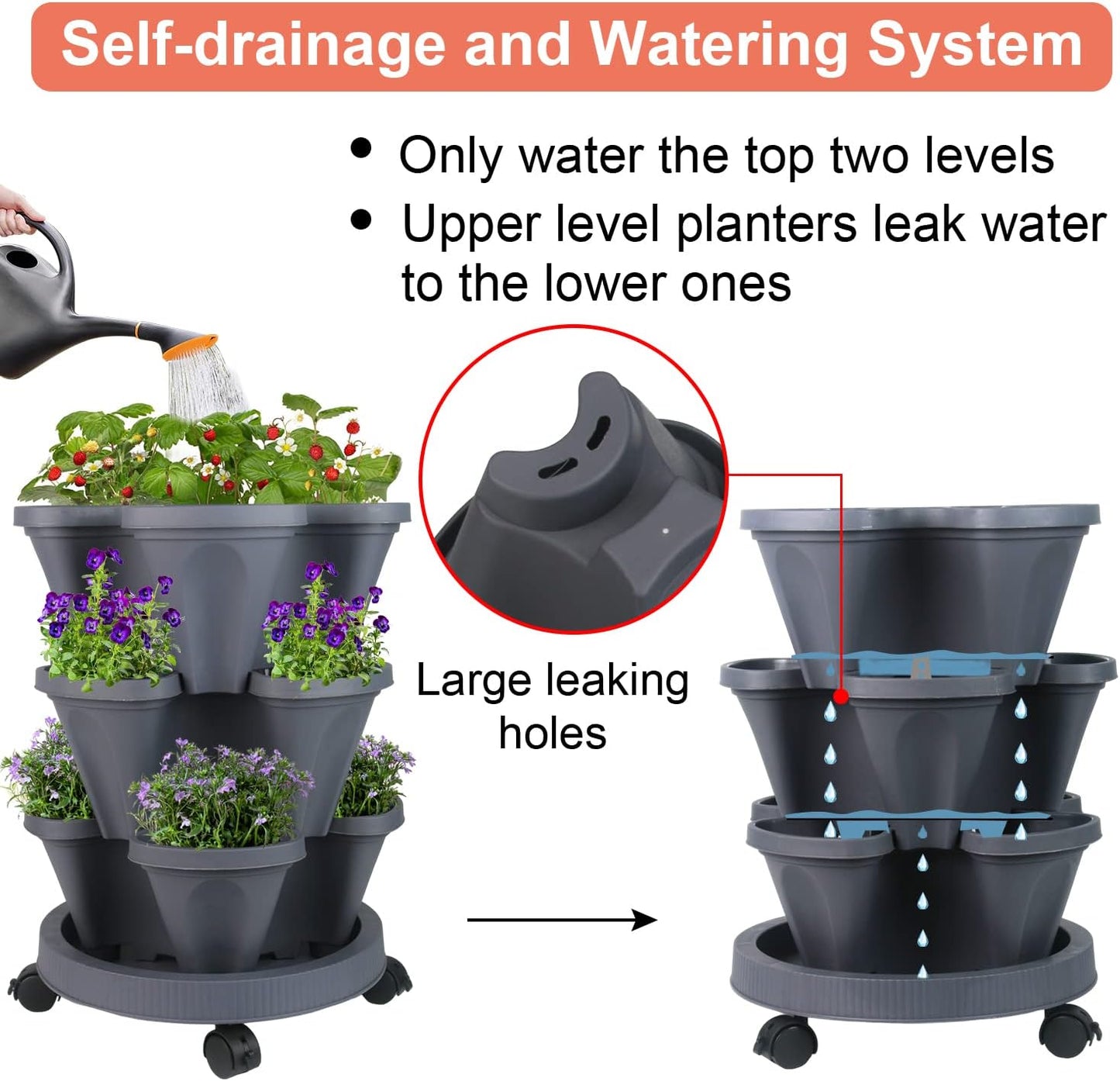 Vertical Planter 3 Tier Stackable Planters Garden Planters Strawberry Herb Flower and Vegetable Planter Indoor Outdoor Gardening Pots with Removable Wheels and Tools