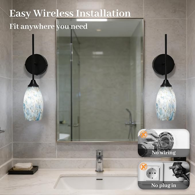 Wireless Battery Operated Wall Sconce Set Of 2，Rechargeable Wall Lights with Remote Control, Dimmable 3000K–6000K, Wireless Wall Sconces With Industrial Hand-Blown Art Glass for Bedroom Living Room