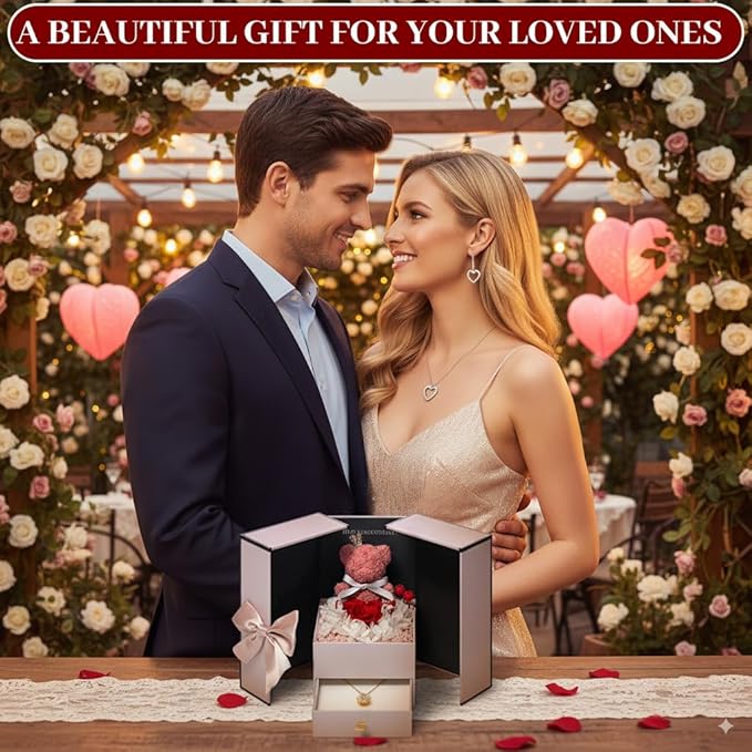 Gifts for Mom Wife Women Preserved Real Red Rose with Rotating Sunflower Pandent Necklace&Cute Pink Bear Birthday Gift Box for Mama Girlfriend Wife Her Grandma Anniversary Valentines Day