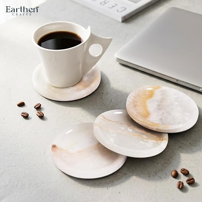 Marble Coasters Set of 4 Drink Coasters 4 Inches Cream Onyx Round Stone Coaster for Drinks, Mug, Glass, Ideal for Coffee Table Decor