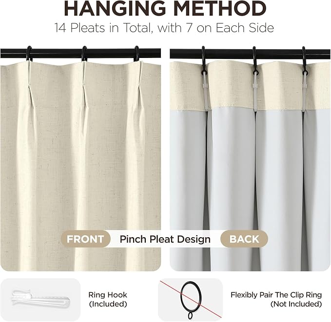 Joydeco Pinch Pleated Linen Curtains for Living Room, 100% Blackout Curtains 84 inches Long 2 Panel Thermal Insulated Pinch Pleat Drapes(Linen,40'' Wx84'' L)