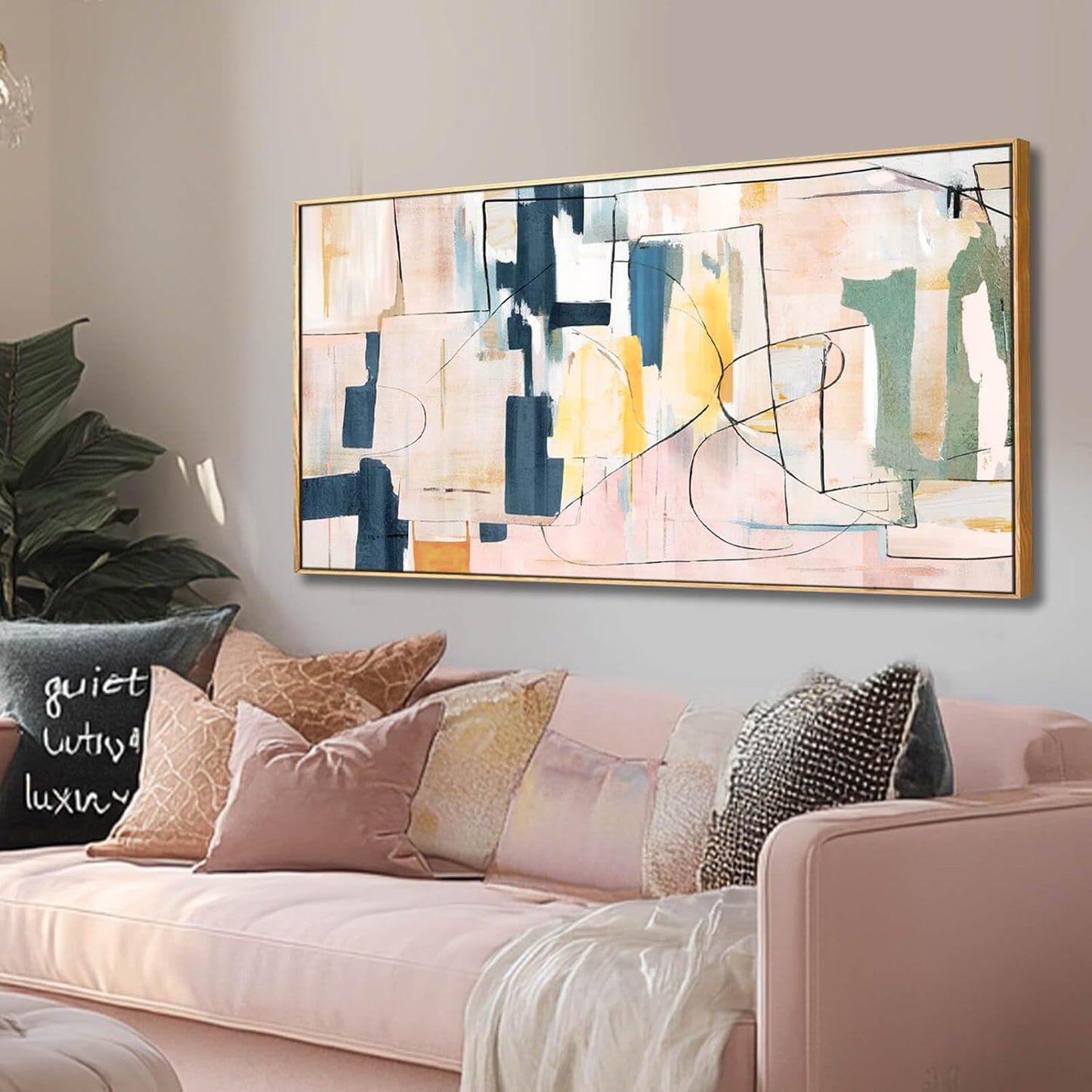 Large Abstract Canvas Wall Art Pink Painting Yellow Bedroom Decor Navy Art Photo Prints Minimalist Pictures Poster Artwork 20"x40"