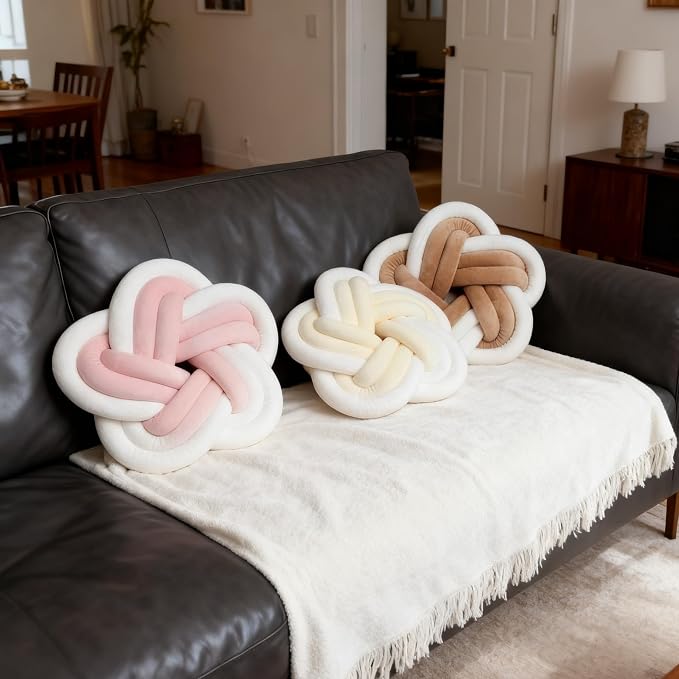 2Pcs Knot Pillow Ball，Soft Home Decorative Round Throw Pillow，Handmade Knotted Plush Pillow，Star-Shaped Round Boucle Pillow Cushion (Pink)