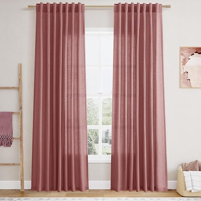 Canyon Rose Linen Curtains 80 Inch Length for Living Room Light Filtering Semi Sheer Curtain Back Tab Modern Farmhouse Decor Elegant Luxury Boho Girl Drapes for Bedroom Dinner Room 52x80, 2 Panels