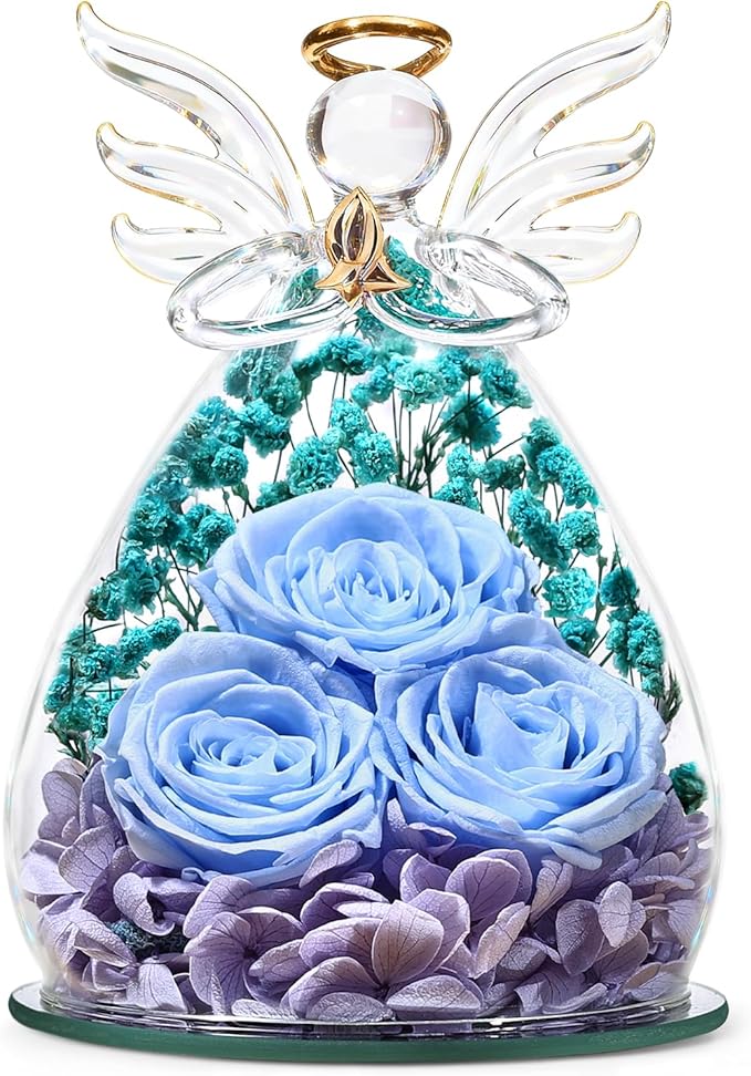 Beferr Mothers Day Mom Birthday Gifts for Women, Fresh Flowers for Delivery Forever Preserved Rose in Glass Angel Figurine, Anniversary Christian Real Rose for Grandma Nana Wife Mum from Daughter Son
