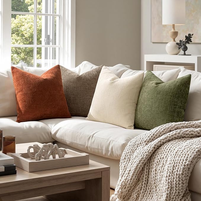 MIULEE Pack of 4 Decorative Throw Pillow Covers 18x18 Inch Brown Green Chenille Textured Throw Pillows Boho Farmhouse Rustic Accent Cushion Covers for Vintage Modern Home Decor Couch Sofa Bed