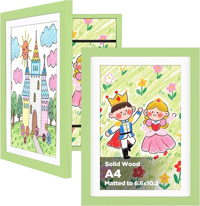 KINLINK A4 Kids Art Frame Set of 2, Solid Wood Kids Artwork Frames Changeable with Front Opening hold 150 Pictures, Art Frames for Kids Art with Mat，without Mat A4 Picture Frame Light Green