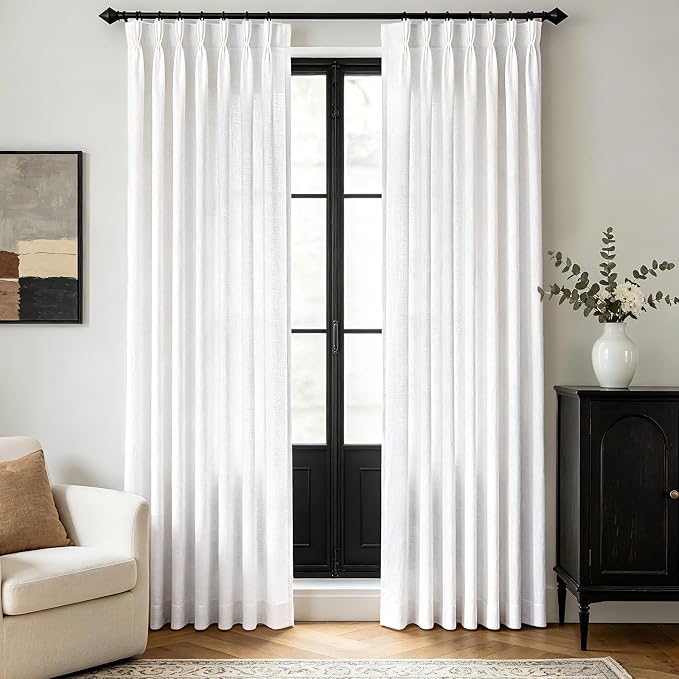 Memory Trained White Triple Pinch Pleated Curtains 2 Panels 40x63 Linen Blend Light Filtering Privacy Drapes with Hooks Back Tab for Track System Bedroom Study Minimalism Neutral Decor