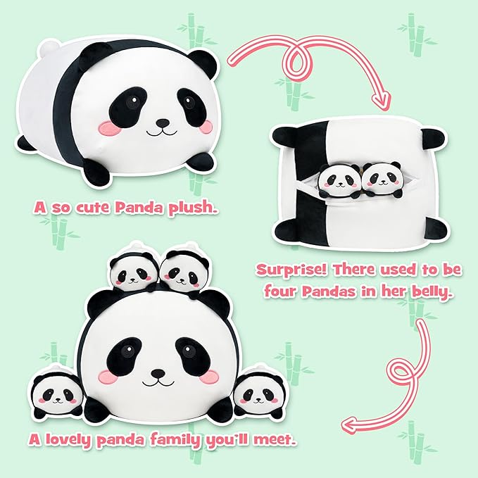 Panda Plush, Stuffed Animal Set with 4 Baby Pandas, Soft Stuffed Toy Pillow, Cute Birthday for Kids Boys Girls