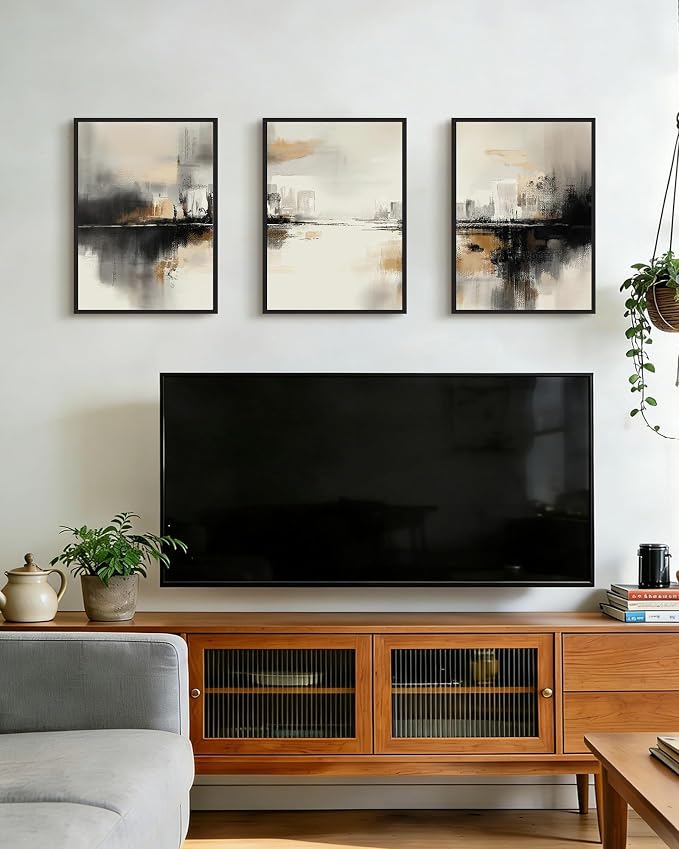 PHOPAGO Black Gray Abstract Landscape Framed Wall Art Brown Tan Neutral Wall Decor Minimalist Modern Illustrations Prints Bedroom Home Decor - 12x16in Black Framed