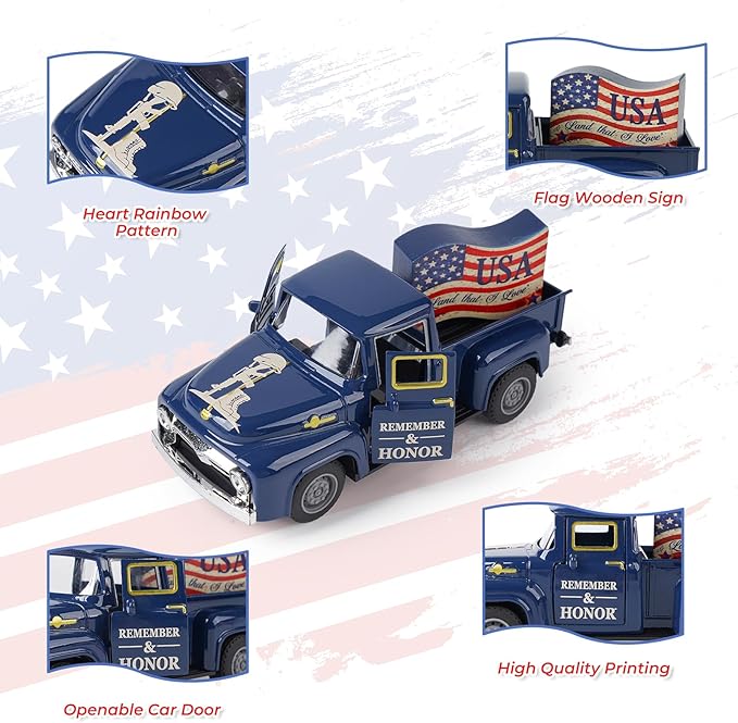 4th of July Patriotic Truck Decor, Red White and Blue Decorations Tiered Tray, Rustic Farmhouse Tabletop Centerpiece for Memorial Day Independence Day Decorations for Home Office