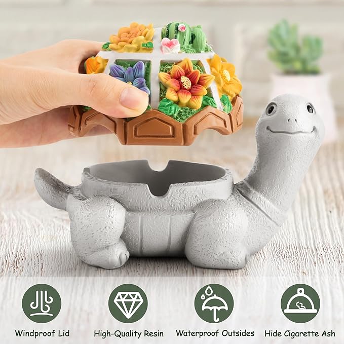 LESES Ashtray, Cute Turtle Cigarette Ashtray with Lid, Smokeless Waterproof Ash Tray Outdoor Resin Ash tray for Patio Home Office Gifts Indoor