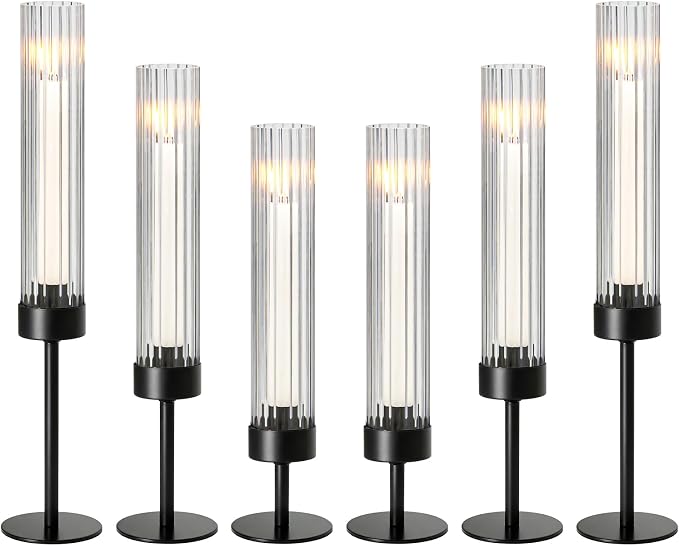 Metal & Acrylic Taper Candle Holders with Ribbed Design - Hurricane Clear Cylinder Candelabra for Wedding, Christmas, Party, Dining Table Centerpiece Decor (Black, Set of 6)