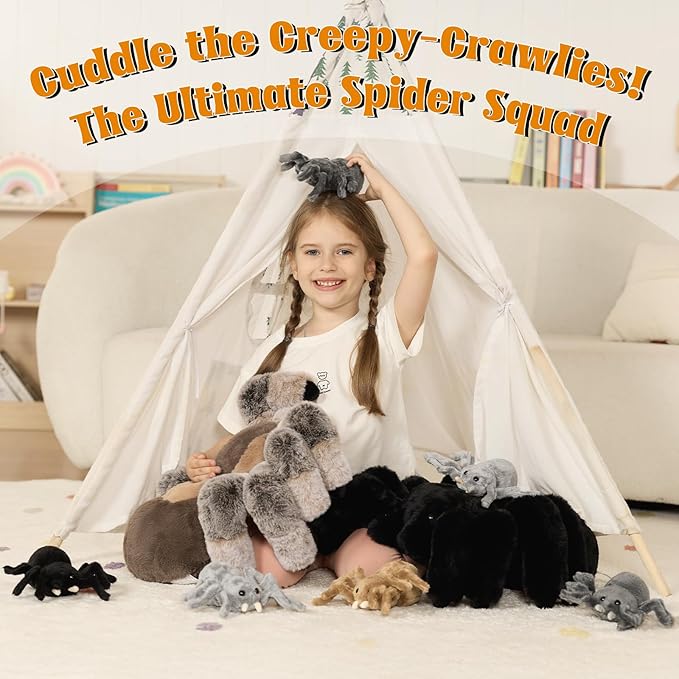 MorisMos 4Pcs Large Spider Plush, 16 Inch Mommy Spider Stuffed Animals with 3 Babies, Soft Cuddly Pillow Plush Gifts for Kids Boys Girls, Brown