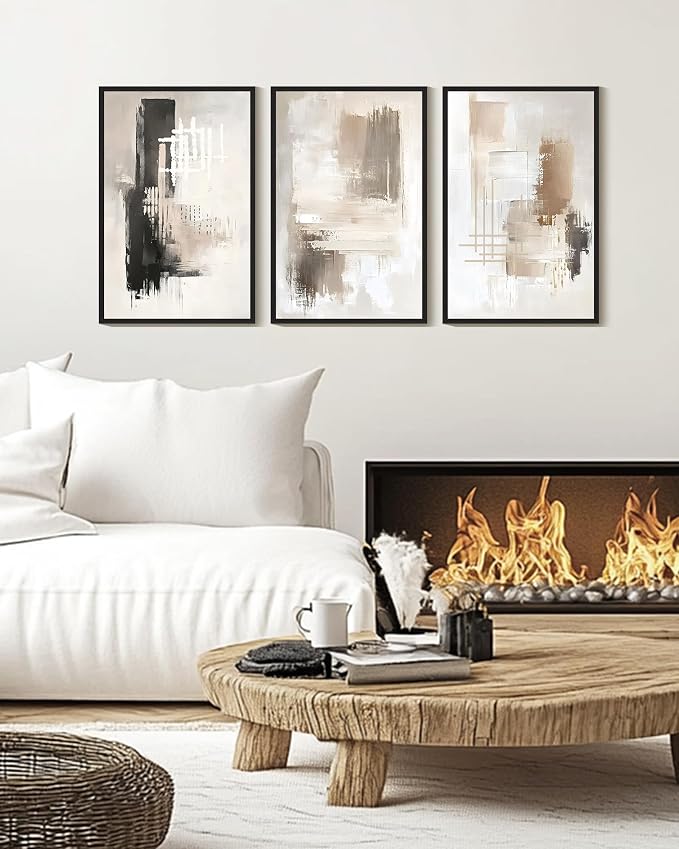 PHOPAGO Abstract Framed Wall Art Large 16x24in Mid Century Modern Minimalist Beige Pastel Watercolor Neutral Wall Decor for Living Room Bedroom - Black Framed