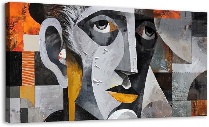 YDYSUNE Extra Large Abstract Wall Art, Geometric Male Portrait Cubism Painting, Grey Face Art Canvas Decor for Living Room & Office, Framed Ready to Hang 29×58 Inch