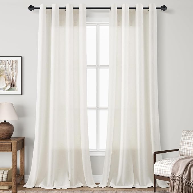 Linen Grommet Curtains 90 Inches Long for Living Room Semi Sheer Light Filtering Privacy Curtain for Bedroom Cream Luxury Boho Farmhouse Decor Neutral Window Drapes 2 Panels 52x90 Natural Ivory Beige