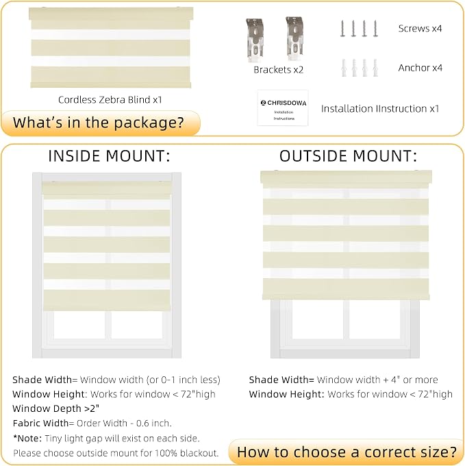 ChrisDowa Cordless Zebra Blinds for Windows, Dual Layer Free-Stop Light Filtering Window Roller Shades, Pull Down Privacy Zebra Shades for Home, Office, Bedroom, Door (21" W x 72" H, Beige)