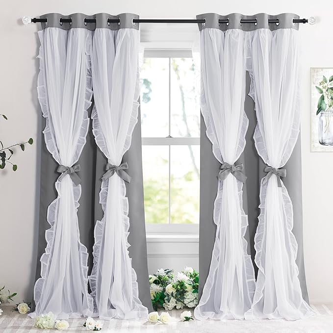 PONY DANCE Shabby Chic Curtains for Room Decor Bedroom Double Layer Ruffle Sheer Overlay with Tiebacks Drapes with Grommet Top, 52" W x 84" L, Silver Grey, Set of 2