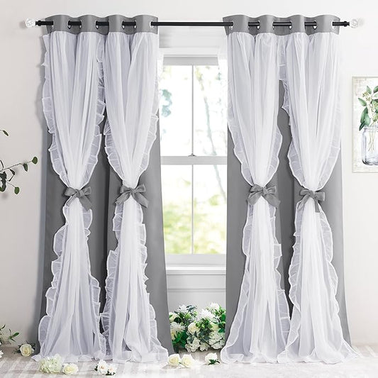 PONY DANCE Shabby Chic Curtains for Room Decor Bedroom Double Layer Ruffle Sheer Overlay with Tiebacks Drapes with Grommet Top, 52" W x 84" L, Silver Grey, Set of 2