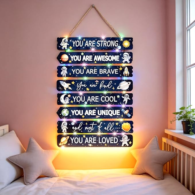 Space Wall Decor with LED Light Bedroom Boy Living Room Decor Inspirational Wall Art for Kids Room Decor Wood Wall Decorations Little Baby Nursery Room Decor Toddler Room Sign