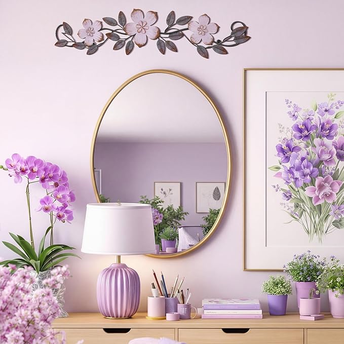 Wesiti Metal Flower Wall Decor Vintage Spring Metal Flower Wrought Iron Scroll Sculpture 15.7''x3.7'' Farmhouse Leaf Wall Decor with Nails for Spring Living Room Bedroom Indoor Outdoor (Purple)