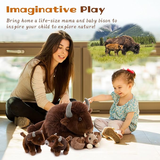 MorisMos 4Pcs Bison Stuffed Animal, 18inch Bison Mommy with 3 Baby Plush Toy, Soft Buffalo Wild Stuffed Animals Gift for Kids, Boys, Girls