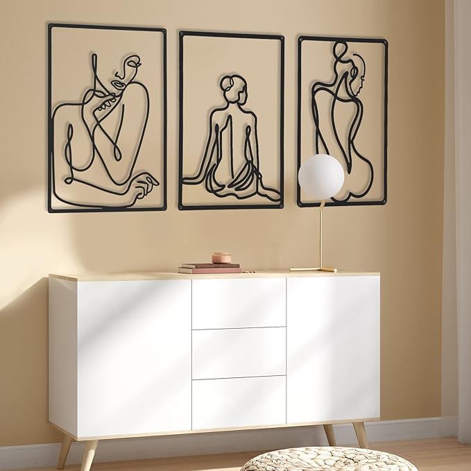 CHENGU 3 Pieces Metal Minimalist Abstract Woman Wall Art Line Drawing Wall Art Decor Single Line Female Home Hanging for Kitchen Bathroom Living Room