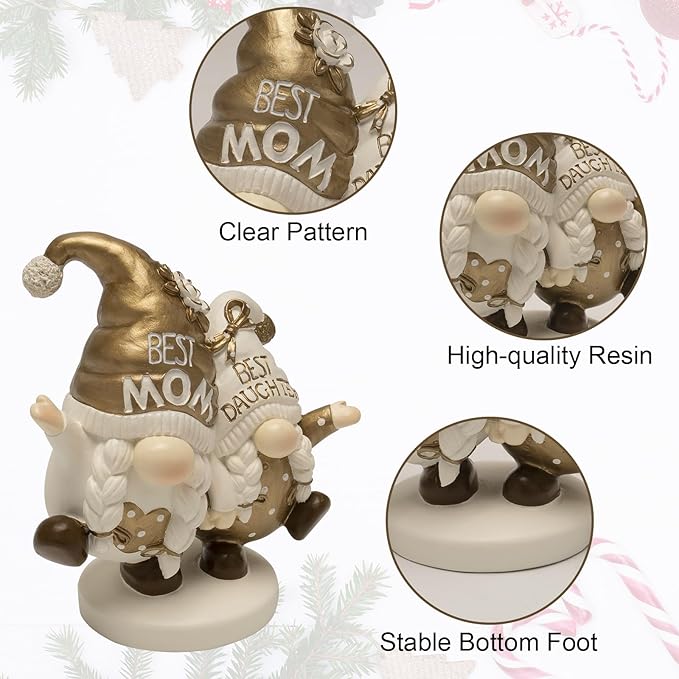 Mothers Day Gnome Figurines, Gold Resin Best Mom Daughter Gnome Decor, Cute Small Statue Birthday Gifts for Mom, Indoor Table Top Centerpieces Shelf Desk Tiered Tray Mantel Home Decorations