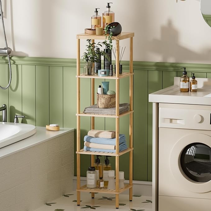 AmazerBath 5-Tier Bamboo Bathroom Shelf, Bathroom Standing Shelves, Multifunctional Shelving Unit for Living Room Bedroom Kitchen, Natural Color