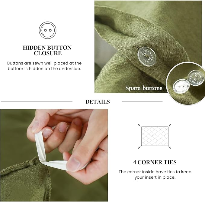 Simple&Opulence 100% Linen Duvet Cover Set, Natural French Flax Olive Green Duvet Cover Twin Size, Breathable Soft Comfy Linen Bedding Comforter Cover with 1 Pillowcase(Olive Green, 68"x86")