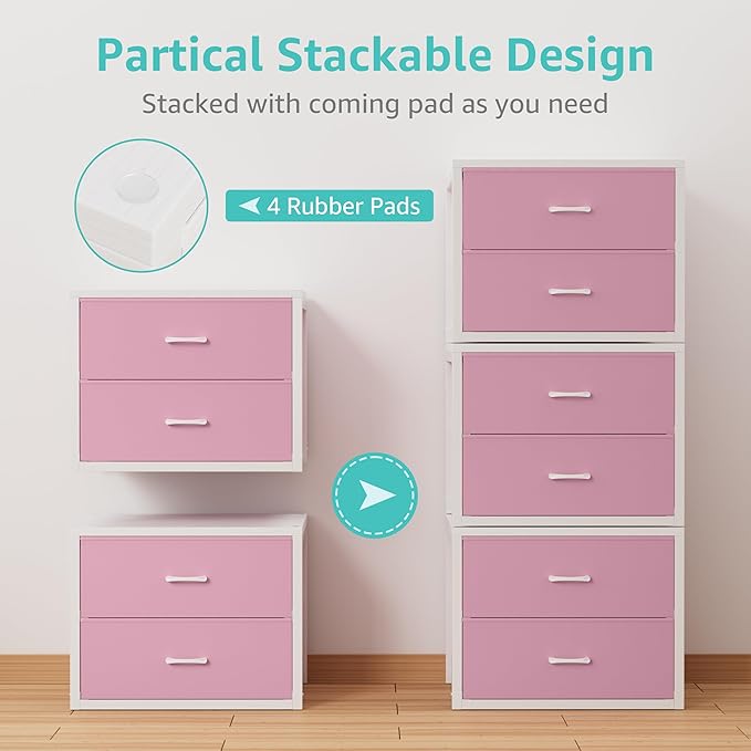 BOLUO Stackable Storage Drawers Closet Organizers and Storage Fabric White 2 Drawer Dresser for Bedroom Modern Pink