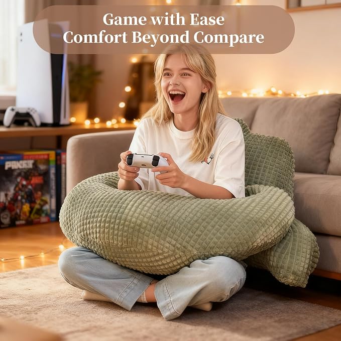 17" Reading Pillow for Bed,U Shaped Arm & Elbow Support,Green Flannel | Backrest Supports Back,U shaped Lap Pillow Cushions Arms,Elbows & Wrists,Soft Flannel for Reading,Gaming,Watching TV