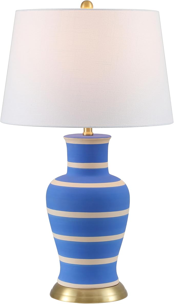 JONATHAN Y 29" Blue/Beige Traditional Ceramic Urn LED Table Lamp for Bedroom Decor, White Linen Drum Shade, Classic Nightstand Lamp for Living Room, LED Bulb Included (JYL4026L)