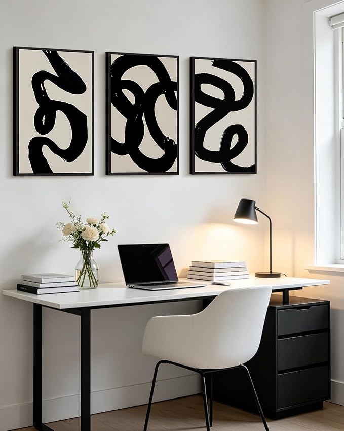PHOPAGO Black Abstract Modern Framed Wall Art Large 16x24in Ink Wash Minimalist Thick Black Lines Paints Artwork Bedroom Living Room Home Decor - Black Framed