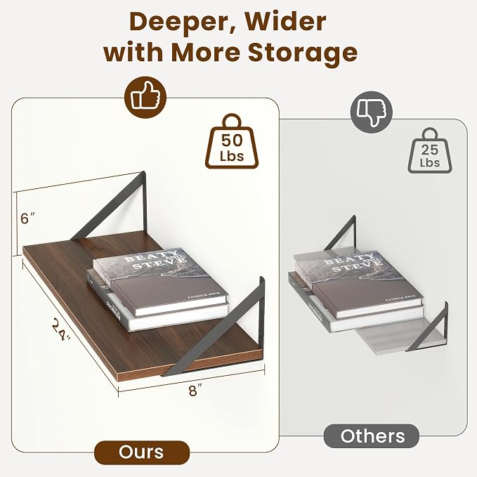 Acovy Floating Shelves for Wall Decor,24" Wx8 D Wall Mount Floating Bookshelf Set of 2,Hanging Storage Shelf with Sturdy Metal Brackets,Wooden Shelf for Living Room,Bedroom,Bathroom,Walnut