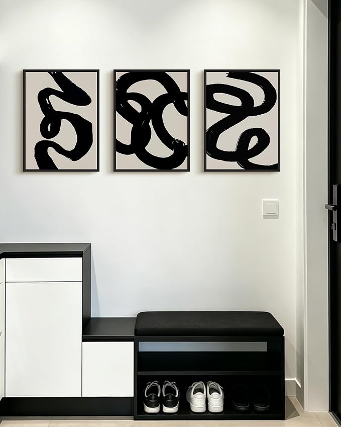 PHOPAGO Black Abstract Modern Framed Wall Art Ink Wash Minimalist Thick Black Lines Paints Artwork Bedroom Living Room Home Decor - 12x16in Black Framed
