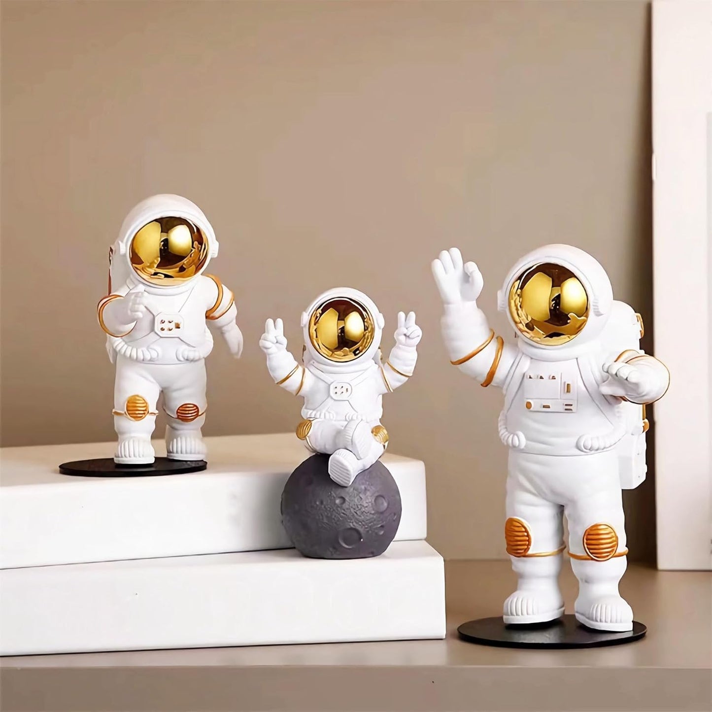 Gold White Astronaut Statues Set of 3, Outer Space Sculpture Figurines for Home Decor Cake Toppers