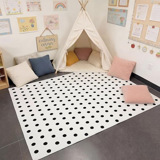 3.3 x 4ft Calming Corner Items Calm Down Classroom Rug Black and White Polka Dots Reading Corner Soft Fluffy Rug Anti-Skid Floor Mat for School Living Bedroom Playroom