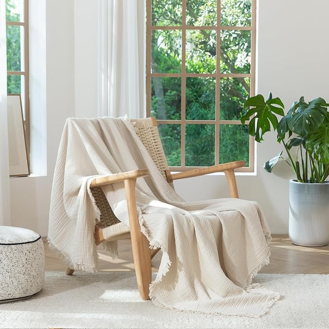 MooMee Muslin Blanket - 100% Cotton 4-Layer Gauze Throw Blanket with All-Around Fringe, Soft Breathable Lightweight Cooling Summer Blankets for Bed Couch (Beige,Super King 108" x 98")