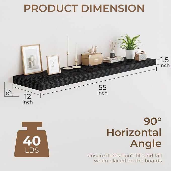 RICHFOCUS 55 Inch 12" D Floating Shelves for Wall 2 Pack Long Wall Shelves for Room Wall|Large Wood Hanging Shelf with Invisible Brackets for Bathroom Bedroom Kitchen Laundry Room, Black