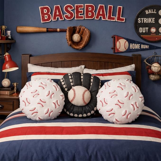 Gerrii 4 Pcs Sports Throw Pillows Basketball Softball Football Soccer Volleyball Tennis Pillow Fluffy Stuffed Plush Cushion Gift for Senior Night Home Bedroom Decor Birthday Present(Jacquard Baseball)