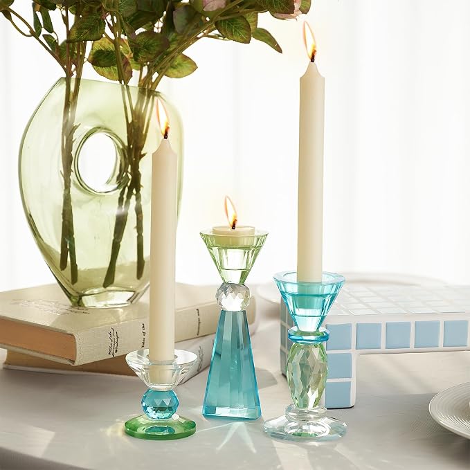 DN DECONATION Glass Candle Holder, Blue Clear Crystal Candlesticks Holders | Set of 3, Crystal Tealight Candles Holder for Table Centerpiece Wedding Decorations Housewarming Gift Living Room Party