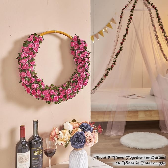 PONKING 6 Pcs x 8.2 ft Flower Garland Artificial Rose Vine Flowers with Green Leaves Hanging Fake Roses Vine for Room Party Home Wedding Birthday Christmas Wall Arch Decor, Spring Magenta Flower