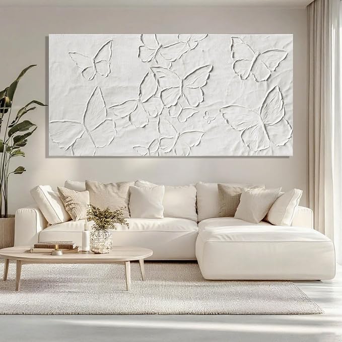 SHEYOYE Large White Aesthetic Canvas Wall Art | Butterfly Wall Art for Wall Decor, Office Art, Living Room or Bedroom Wall Decor, Hallway Decor 29" x 58"