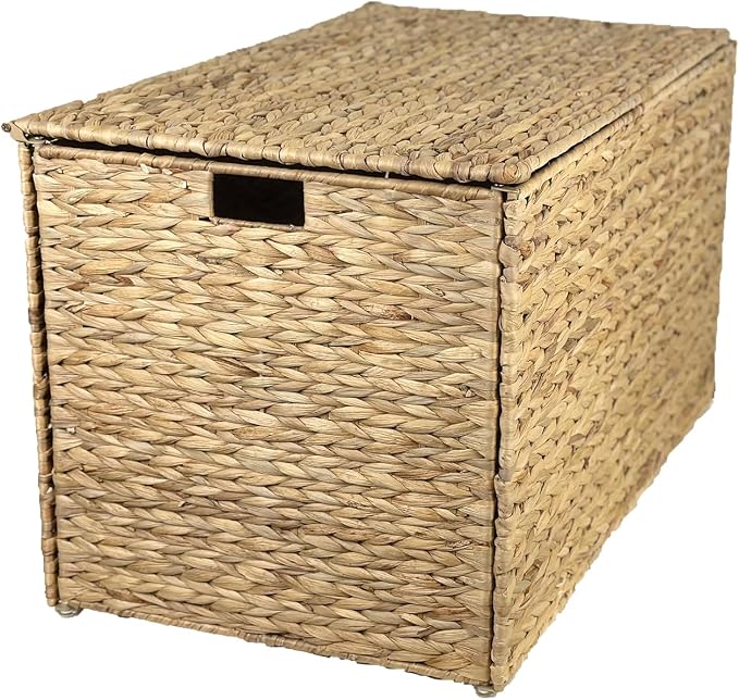 Water Hyacinth Storage Basket with Lid, 52.8 Gallon (200L) Wicker Storage Trunk with Handles, Handwoven Large Wicker Storage Basket for Blanket, Foldable, for Living Room, Bedroom, Natural