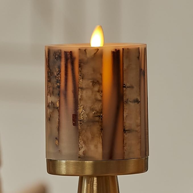 Luminara Embedded Birch Twigs Flameless LED Candle, 3.5" x 4.5", Moving Flame Real Wax Unscented, Battery Operated, Decorative Home Lighting Safe