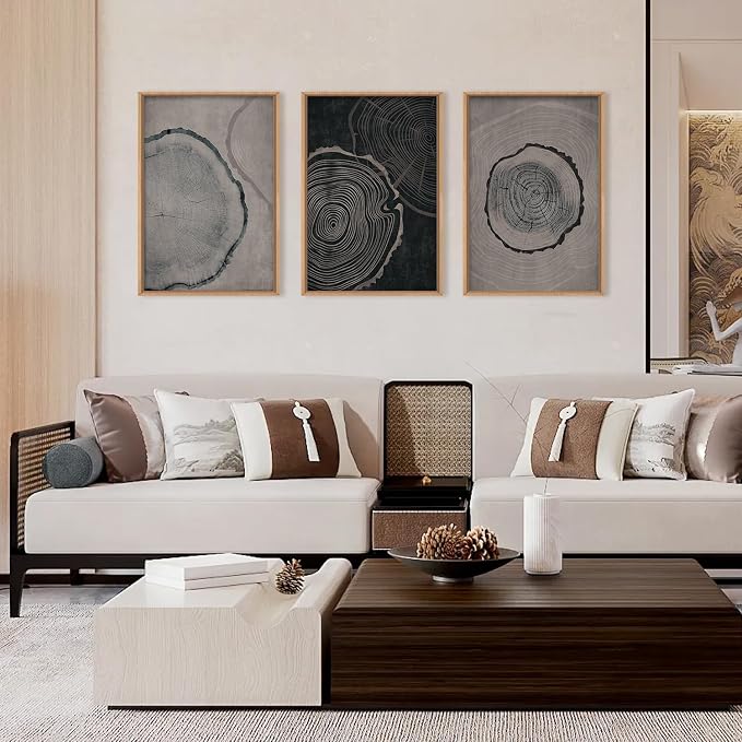 Ausril Large Neutral Tree Ring Framed Canvas Wall Art Set, Modern Beige Wood Stump Wall Decor, Nature Tree Spiral Prints,Minimalist Black Gray Artwork for Living Room, Bedroom, Office - 24"x36"x3