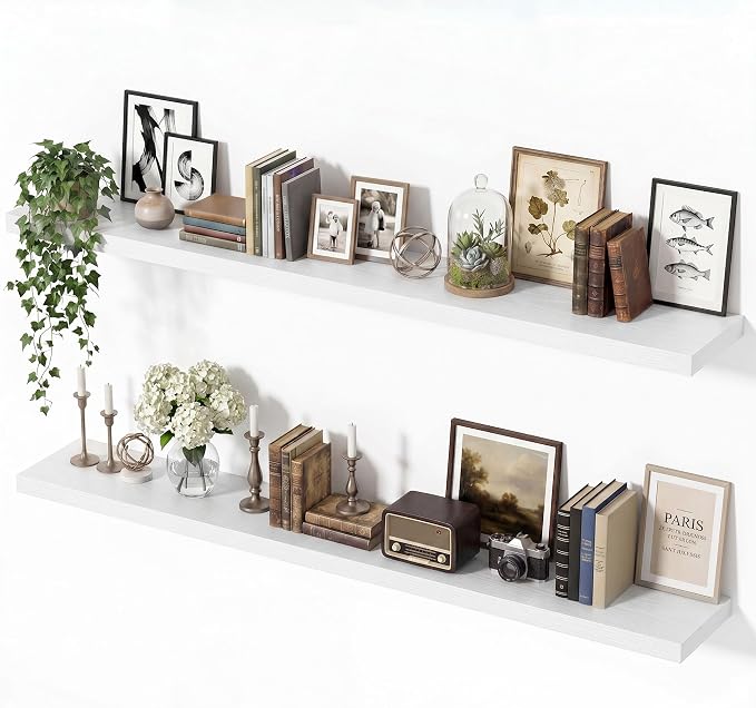 Vivelove Wall Floating Shelves for Display with Invisible Brackets, Long Large Floating Shelves Under TV Over Fireplace Bedroom Living Room Office, 55”X 8”X 1.4", Set of 2 - White