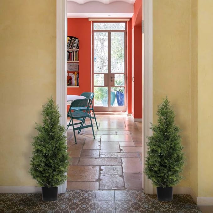 Aveyas 3ft Artificial Cedar Topiary Trees for Outdoor Front Porch Door, 3 Feet Faux Potted Plants Evergreen Fake Pine Cypress Tree for Outside Home Decor (3 ft Tall) - Set of 2 Pack